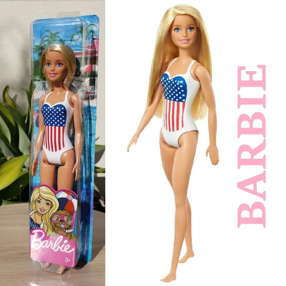 NEW Barbie Beach Doll Blonde Hair USA Flag Swimsuit Easter Basket gift stocking